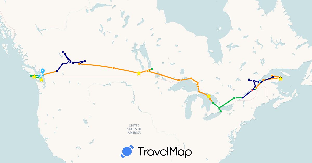 TravelMap itinerary: driving, bus, cycling, hiking, boat, hitchhiking in Canada (North America)